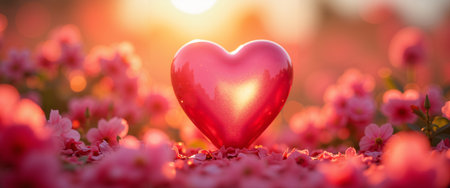 A pink heart sits in a field of pink flowers, with a blurred background and warm orange and yellow hues, evoking a sense of love and romance on Valentine's Day.の素材