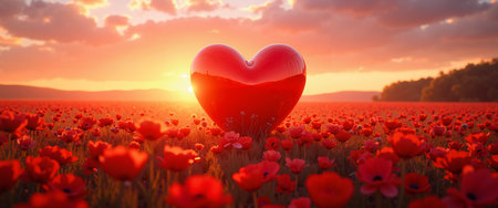 A heart-shaped balloon in a field of red flowers at sunset on Valentine's Day, with a warm orange and pink sky and green trees in the distance.の素材