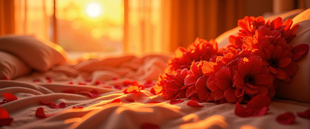A festive scene of a bed adorned with red flowers and rose petals, set against a backdrop of a window with orange curtains, evoking a warm and cozy atmosphere, likely for Valentine's Day.の素材