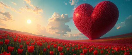 Large red heart over a field of red tulips on a sunny day, with a blue sky and white clouds in the background.の素材