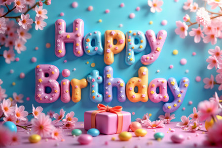Holiday illustration. Vibrant and colorful birthday greeting with the words Happy Birthday written in large, playful letters. The background is adorned with pink flowers and confetti.の素材