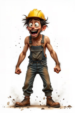 A cheerful construction worker in overalls and a yellow hard hat, illustrated in a cartoonish style, stands confidently with clenched fists.の素材