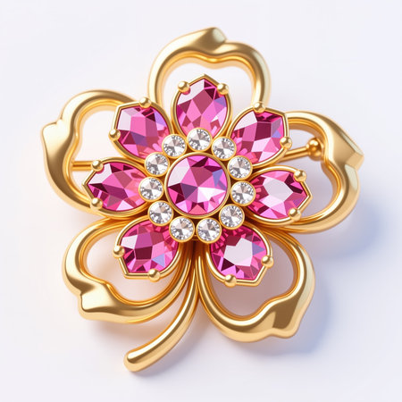 Golden flower brooch adorned with pink gems and clear diamonds on a white background, showing elegant jewelry design.の素材