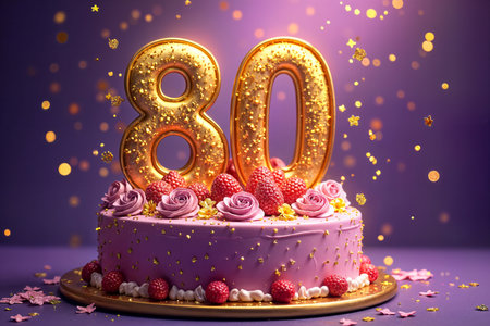 80th birthday card. Large, round birthday cake with the number 80 prominently displayed on top. The cake is decorated with pink frosting and gold glitter, and it's surrounded by small pink roses.の素材