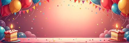 Holiday card. Festive scene with a large, colorful balloon arch and two birthday cakes on either side of the frame.の素材