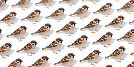 A repeating pattern of brown and white sparrows with distinctive black markings, featuring cartoon-style illustrations on a white background.の素材