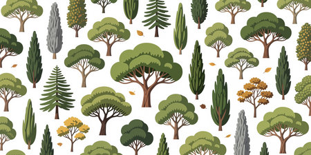 A repeating pattern of many cartoon trees with a mix of green leafy foliage in a modern vector style with brown trunks and branches on branches on a white background.の素材