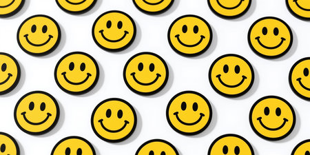 A uniform pattern of bright yellow smiley faces with black outlines, creating a graphic and uniform texture on a white background.の素材