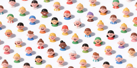 A repeating pattern of diverse cartoon people heads, various skin tones, hair colors, and clothing styles, on a white background.の素材