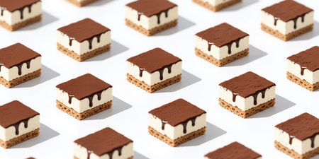 A repeating geometric pattern of many square creamy desserts with light brown bases, and brown drizzles on top on a white background.の素材