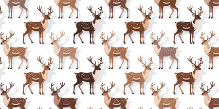 A repeating pattern of cartoon-style deer in different shades of brown with white spots on a white background.の素材