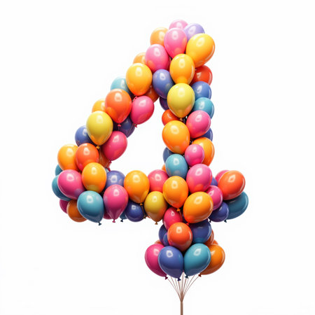 The number 4 is made of colorful balloons on a white background, perfect for a birthday card illustration.の素材