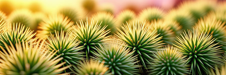 Rows of prickly green plants with yellow spines densely packed, sunlight casting warm glow on the blurred background in soft pastel colors.の素材