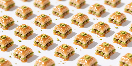 A repeating pattern of square-shaped pastry cakes filled with green beans, topped with pistachio, and golden syrup on a white background.の素材