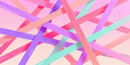 Intersecting pink, purple, and green lines in multiple directions on pastel pink and beige background, with highlighted edges and varying shades.の素材