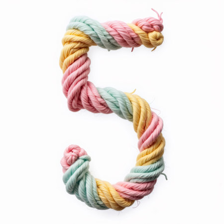 Illustration for birthday card, number 5 made from colorful yarn on white background, soft and textured, pastel colors, twisted and turned to form the shape.の素材