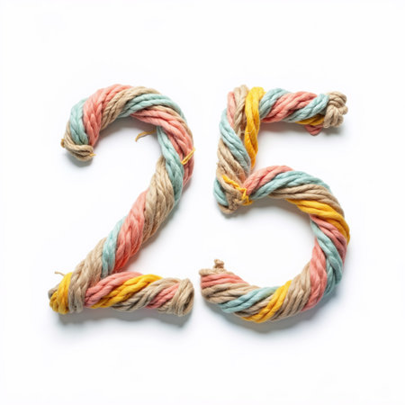 The number 25 made from twisted colorful rope on a white background, a unique birthday card illustration.の素材