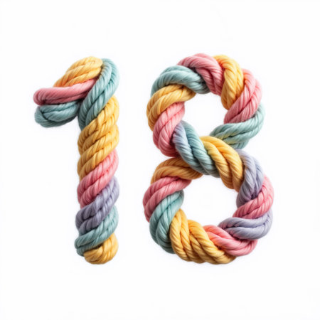 Illustration for birthday card, number eighteen made from colorful twisted rope on a white background, soft pastel colors, yellow, pink, blue, and gray, braided rope design, celebrating 18th birthday.の素材