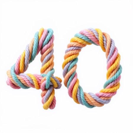 The number 40 is made from a multicolored rope, twisted and turned to create a unique shape on a white background, perfect for a birthday card illustration.の素材