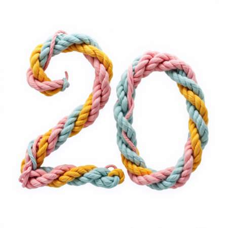 The number 20 is creatively formed using a braided rope with pastel colors, set against a clean white background, perfect for a birthday card.の素材