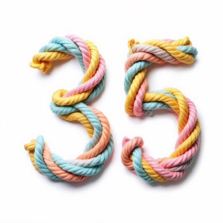The number 35 is creatively crafted from multicolored rope, showcasing pastel shades on a clean white background, perfect for a birthday card illustration.の素材