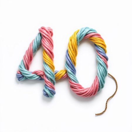 The number 40 is creatively formed using multicolored yarn, twisted and turned to create a unique birthday illustration on a clean white background.の素材