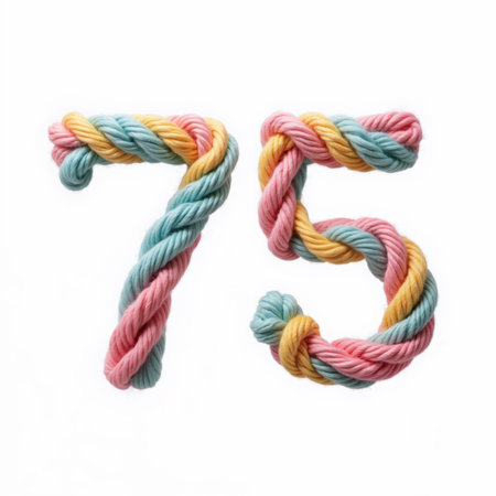 The number 75 is formed by intertwining pink, blue, and yellow yarns, creating a soft and playful birthday illustration on a white background.の素材