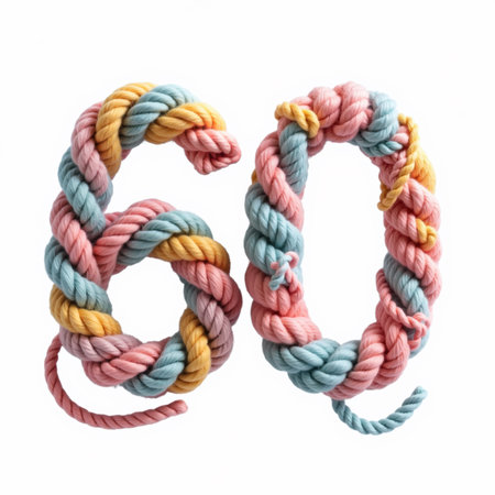 Illustration for a birthday card featuring number 60 made from twisted rope in pastel shades on a white background.の素材