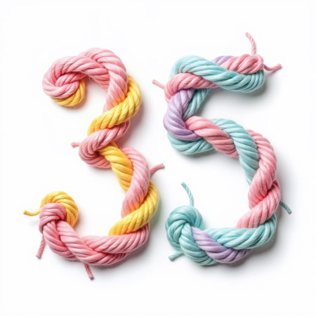 The number 35 is creatively formed using twisted yarn in pastel shades, arranged on a white background, making it a unique birthday card illustration.の素材