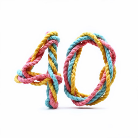 The number 40 is creatively formed using a braided rope in pink, blue, and yellow, set against a white background, perfect for a birthday card.の素材