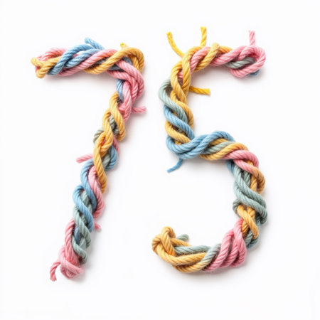 The number 75 is creatively formed by intertwining pastel yarns in pink, blue, and yellow, creating a soft and playful visual effect.の素材