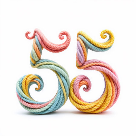 Multicolored rope swirls into 55 shape, pastel colors blend, elegant design on white.の素材