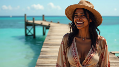 Joyful woman with long dark hair, wearing a plunging dress and straw hat, showing a radiant smile and dark skin, standing on a dock by turquoise water.の素材