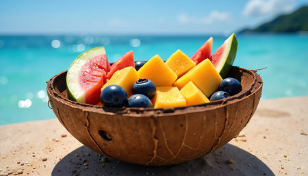 A vibrant fruit bowl filled with watermelon, mango, and blueberries sits on a sunny beach with sparkling turquoise waters.の素材