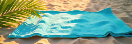A vibrant blue towel with a gradient pattern lies on a sandy beach, surrounded by palm leaves and bathed in warm sunlight.の素材