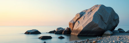 A tranquil beach scene at dawn or dusk, with a large rock and smaller stones scattered along a calm shoreline.の素材