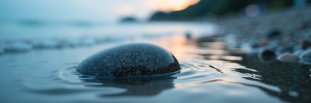 A serene scene with a smooth stone partially submerged in shallow water, reflecting the soft glow of the setting sun.の素材