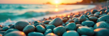 A tranquil sunset over a pebble beach, with waves gently lapping the shore.の素材