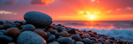A serene sunset over a pebbled beach with smooth stones reflecting warm colors.の素材