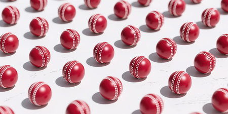 A repeating pattern of red cricket balls with white stitching, scattered across the surface on a white background.の素材