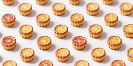 A repeating arrangement of miniature desserts with orange and grapefruit slices on top on a white background.の素材