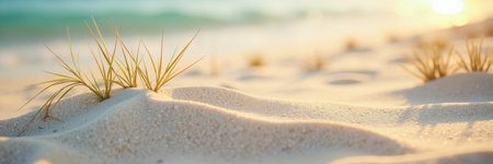 A tranquil beach scene with soft, golden sand and tufts of grass sprouting from gentle dunes, bathed in warm sunlight.の素材