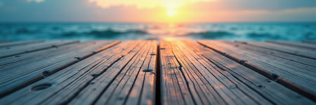 A serene scene of a weathered wooden deck leading towards the horizon, with the sun setting over the calm ocean.の素材