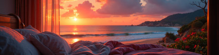 Waking up to a breathtaking sunrise over the ocean, with soft waves and a cozy bed.の素材