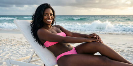Dark woman with wavy black hair and pink bikini smiling, sitting on a white sunlounger on a sandy beach with crashing waves in the background at sunset.の素材