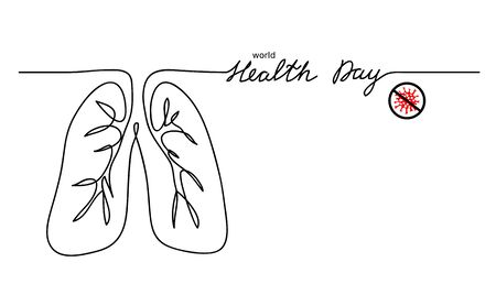 World health day vector minimal background. Lungs one continuous line drawing. No virus sign.のイラスト素材