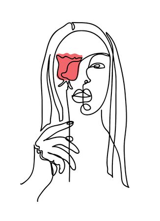 One line art woman, girl. Portrait, face with rose. Simple, minimalist vector illustration of pretty girlのイラスト素材