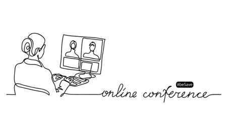 Online conference lettering and simple vector illustration. Women, girl makes business video call. Minimalist vector banner,web background, poster of online conference. One continuous line drawingのイラスト素材