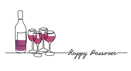Wine bottle and four wine glasses vector illustration. Happy passover, jewish holiday pesach. One continuous line drawingのイラスト素材