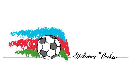 Welcome to Baku simple soccer, football banner. Minimalistic vector background with football ball sketch and Azerbaijan flag with lettering.のイラスト素材